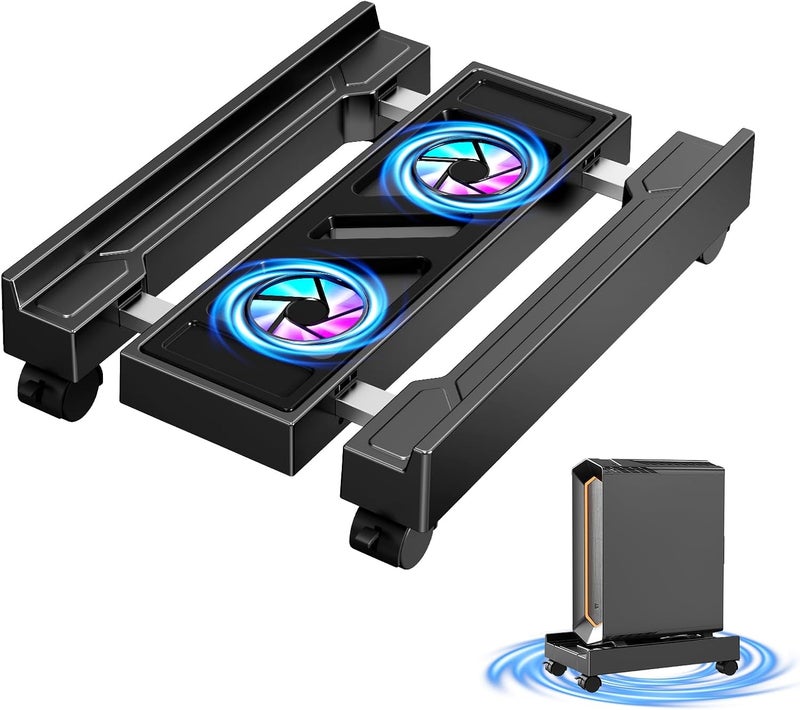 CABTE Adjustable Computer Tower Stand with Cooling Fan, Mobile CPU Holder with 4 Rolling Casters, Under Desk CPU Bracket PC Floor Cart PC Riser for Office, Home and Classroom. (Fan Version) - Image 1